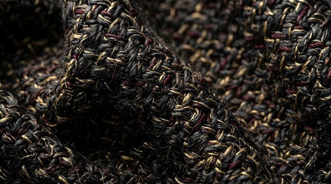 Close up of black and gold woven fabric texture with dark thread pattern