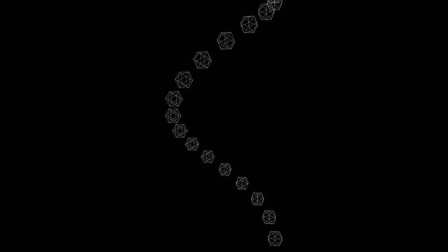 Geometric polyhedral shapes floating along a smooth serpentine path in this high quality abstract digital motion video loop animation clip