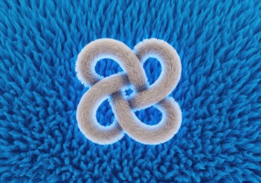 Beige, furry, four-looped infinity knot shape centered on a vibrant, textured blue shag carpet background, 3D render