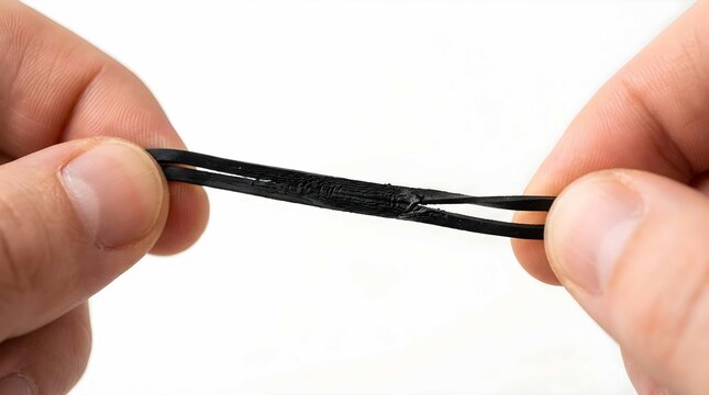 Close up of human hands stretching a broken black rubber band