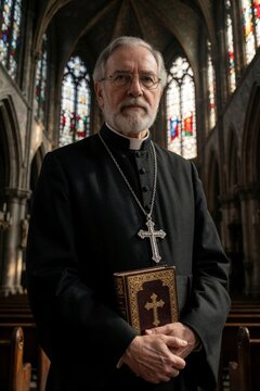 Elder catholic priest stands inside old church interior. Man wears black robe and holds bible book. Silver cross necklace adorns his neck. Scene suggests deep faith tradition.