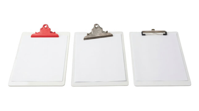 Three blank clipboards with different metal and plastic clips arranged in a row isolated on transparent background