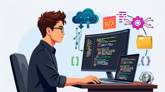 Programmer writing software code on computer illustration