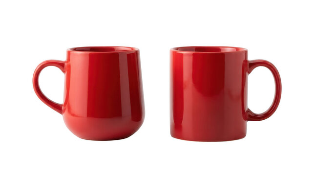 Two red ceramic mugs with different shapes isolated on transparent background
