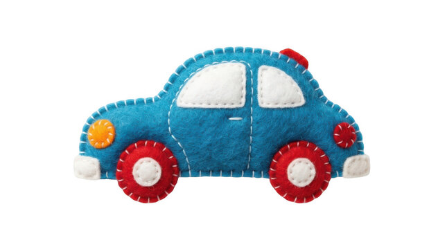 A handmade felt toy car in blue with red wheels, white windows, and decorative stitching, isolated on transparent background