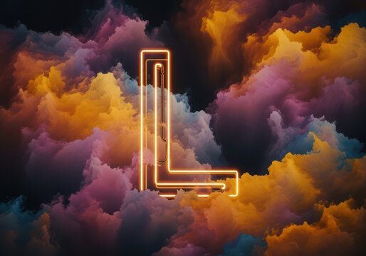 Glowing neon letter l shape centered against a backdrop, of swirling, colorful, clouds in shades, of orange, purple, and deep blue smoke