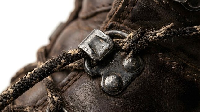 Close up of vintage dark brown leather hiking boot lace metal hook