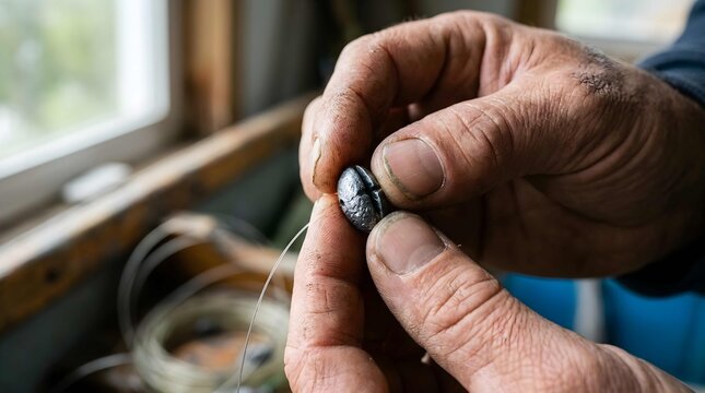 Close up of weathered hands holding a small fishing weight and line