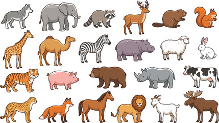 Fototapeta premium Set of cute cartoon wild and domestic animals collection featuring mammals, safari wildlife, and farm fauna isolated on a white background