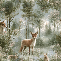 Fototapeta premium Gentle forest scene with graceful fox, deer, and rabbits surrounded by lush green trees and soft flowers in peaceful atmosphere