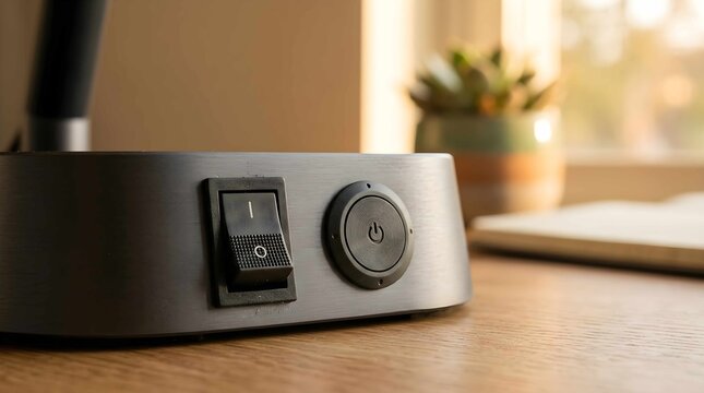 Close up view of black power switch and circular button on metallic base
