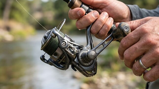 Close up view of hands holding spinning reel and rod for angling outdoors