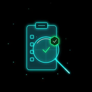 Neon glowing clipboard icon with a magnifying glass and checkmarks representing task completion and audit