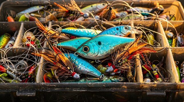 Assortment of Colorful Fishing Lures and Artificial Baits Stored in a Divided Tackle Box for Outdoor Recreational Angling and Sport Fishing Activities