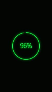 Glowing green circle loading indicator showing ninety-six percent progress bar on black background