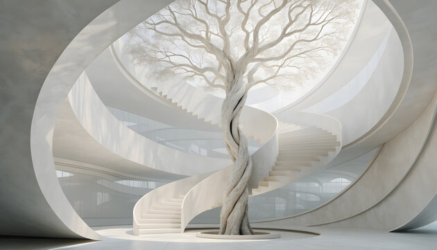 Biophilic interior hall with white spiral staircase and organic tree. Sustainable architecture and modern museum concept. Curving white staircase wrapping around a central sculptural tree