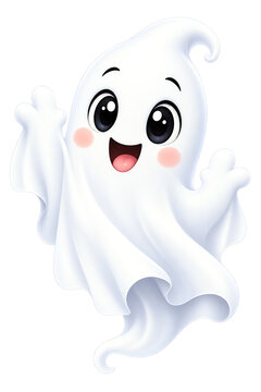 Cute Waving Halloween Ghost Cartoon on Transparent Background