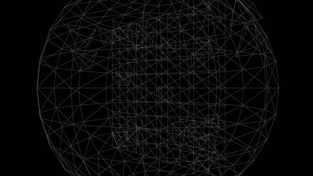 Rotating geometric wireframe sphere composed of complex intersecting white lines creating a dynamic digital motion animation for modern scientific projects