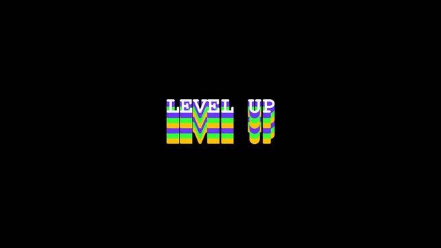 Level up text animation featuring vibrant multi-layered chromatic typography effects displayed on a simple clean black background video motion clip