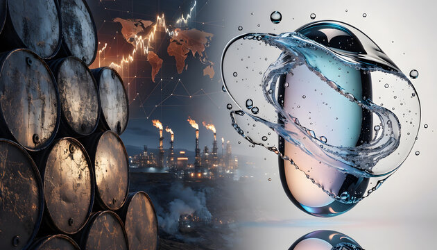 Global energy trade and ecological balance concept. Fossil fuel economy versus clean nature. Water splash surrounding crystal droplet beside rusty oil barrels at refinery