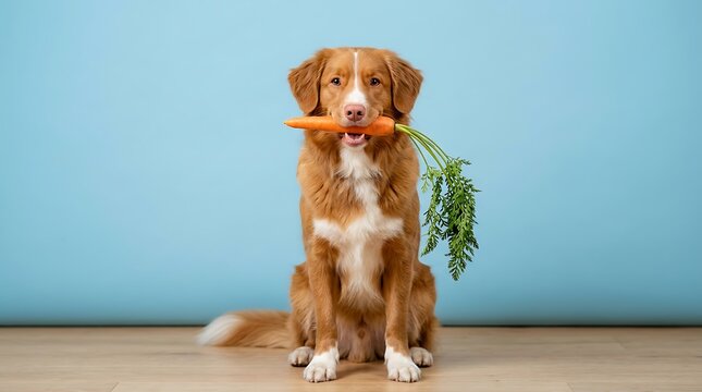 Cute nova scotia duck tolling retriever dog holding a fresh carrot