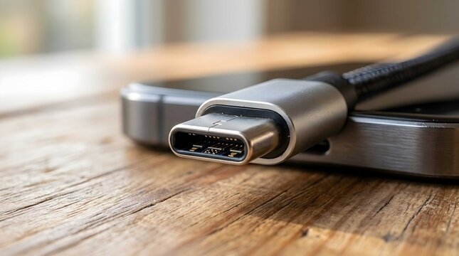 Close up view of modern usb type c connector cable resting on wooden table