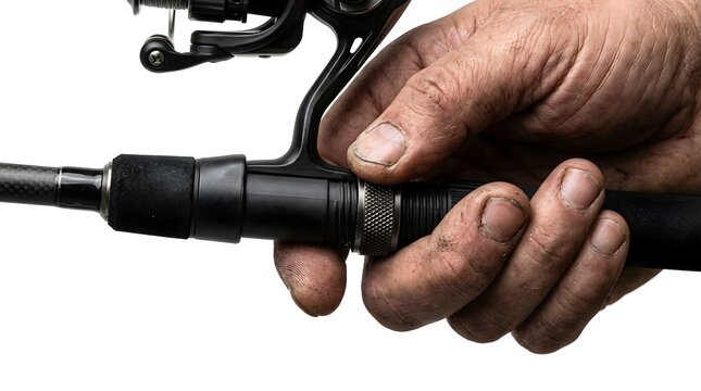 Close up view of weathered hand holding black spinning reel on fishing rod