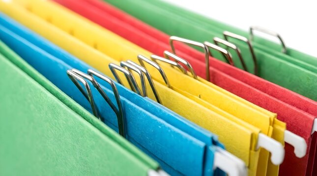 Colorful hanging office folders with metal hooks and tabs organized in drawer