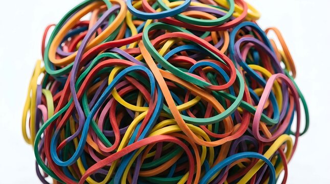 Colorful rubber band ball made of elastic office supplies on white