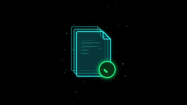 Neon digital document icon with a green checkmark symbol representing successful file processing or verification
