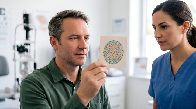 A man undergoing a color blindness test with an Ishihara plate, observed by a female optometrist or nurse in a clinic setting.
