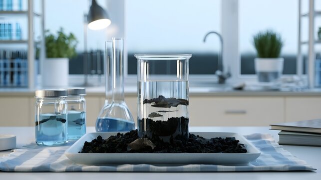 A clear glass beaker filled with water and dark sediment sits on a tray with soil  alongside jars and lab glassware in a bright  modern lab setting