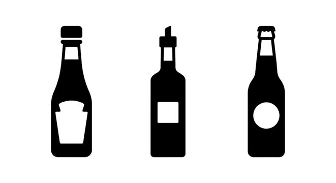 Vector illustration of set of three different glass bottles silhouettes on a transparent background