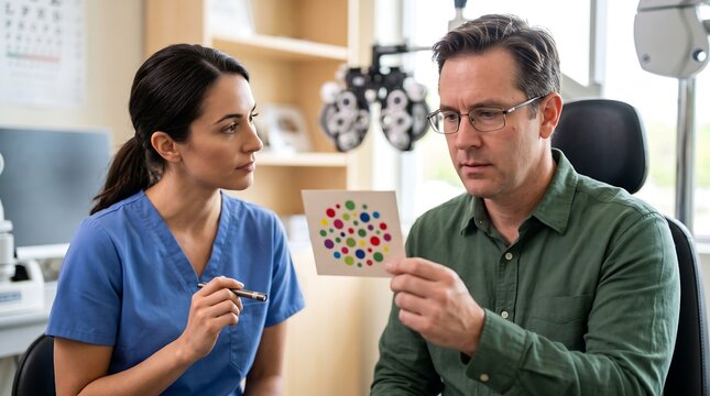 A male patient undergoes an eye examination, holding a color vision test card while an optometrist observes him in a medical office.