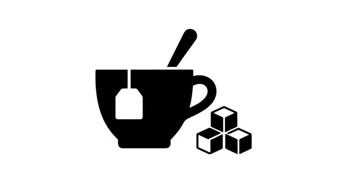 Vector illustration of tea cup with tea bag and sugar cubes on a transparent background