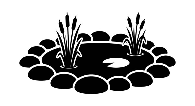 Vector illustration of pond icon with stones and reeds on a transparent background