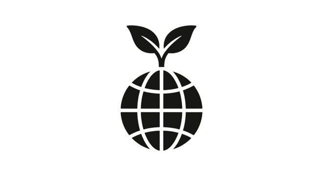 Vector illustration of black icon of a globe with green leaves sprouting on a transparent background