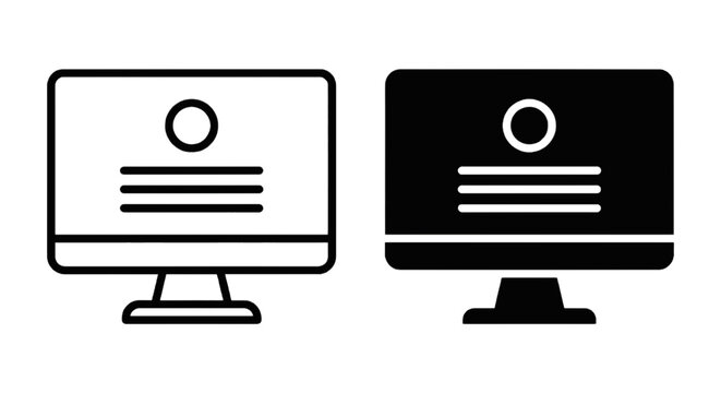 Vector illustration of computer monitor icon set with outline and solid display screen design on a transparent background