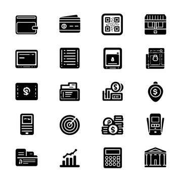 Banking icons set features black glyph symbols representing financial services and payment methods on a transparent background.