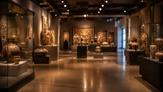 Ancient ceramic pottery and historical artifacts displayed inside glass cases within a dimly lit museum gallery. Selective focus highlights the detailed craftsmanship of antique vessels.