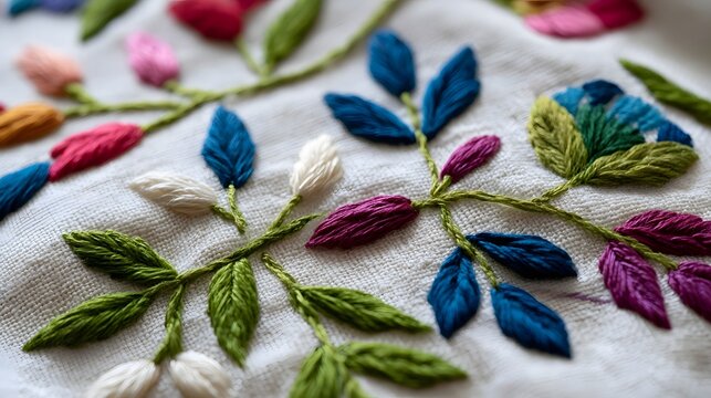 Close up of colorful floral embroidery on textured fabric with vibrant stitched leaves and blossoms in progress