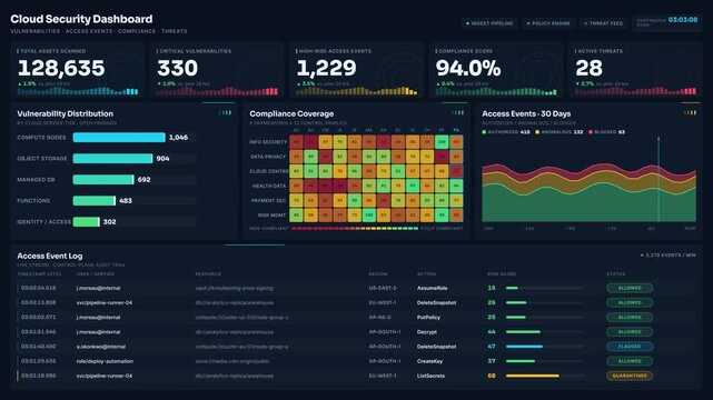 Explore a visually striking cloud security dashboard designed in dark mode, showcasing vulnerabilities, access events, compliance metrics, and threat assessments with vibrant color accents.