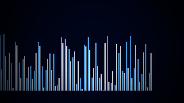 Digital bar graph chart animation displaying fluctuating blue and white vertical metrics representing statistical data growth in motion loop video footage