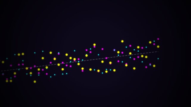 Abstract animated motion footage featuring glowing yellow and pink circles orbiting a dashed line on a dark black background setting