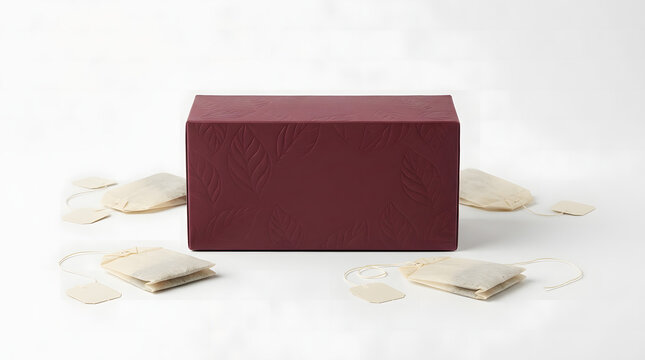 Maroon product box with leaf embossing and tea sachets on white base