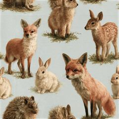 Obraz premium Vintage woodland animals illustration with fox, deer, rabbit, and squirrel in soft natural colors, charming and detailed art