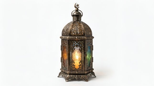 Illuminated ornate arabic lantern with colorful stained glass panels isolated on white background