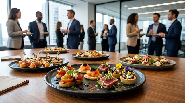 Diverse assortment of elegant appetizers served on platters at a professional business networking event