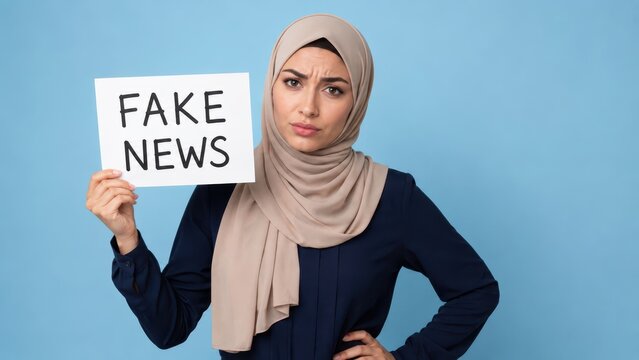 Skeptical Muslim Woman in Hijab Holding Fake News Sign on Blue Background