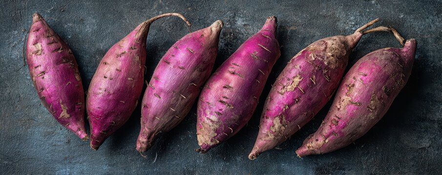 Fresh Purple Sweet Potatoes Arranged on Dark Rustic Background
